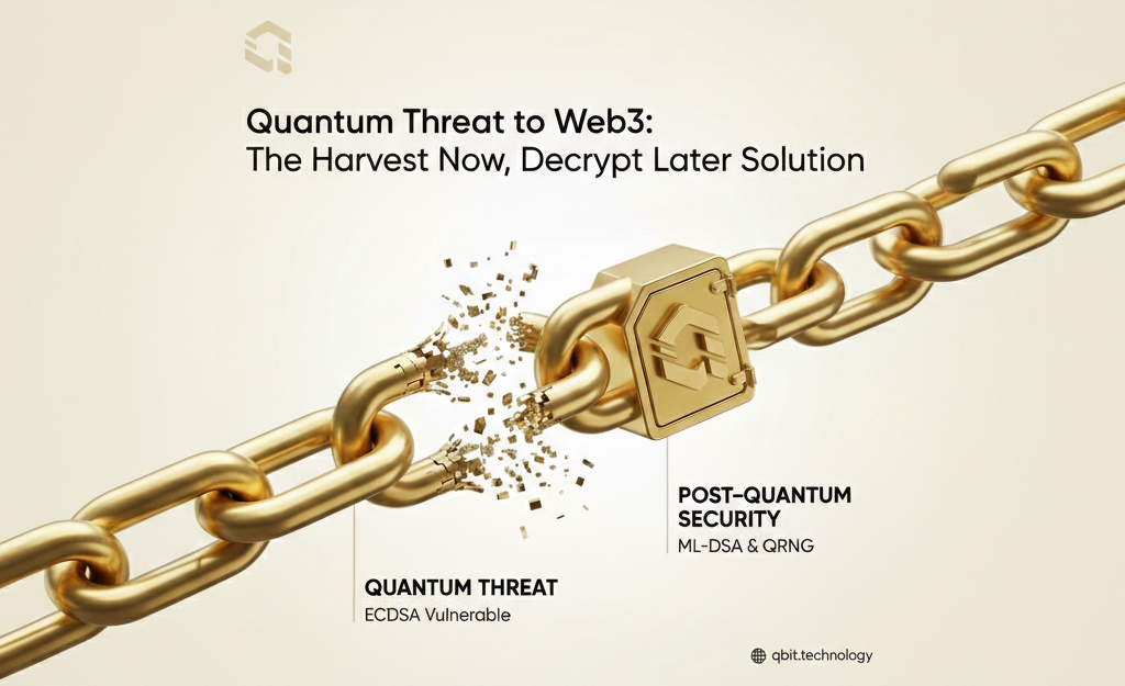 Quantum Threat to Web3: The Harvest Now, Decrypt Later Solution - Gold chains breaking apart showing ECDSA vulnerability, with QBIT padlock representing post-quantum security